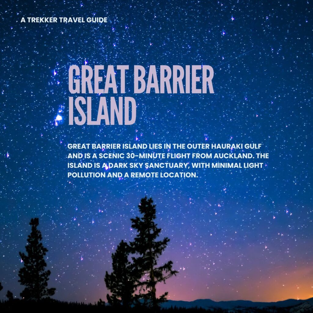 The Image shows Great Barrier Island in New Zealand taken at dusk with star formations showing.