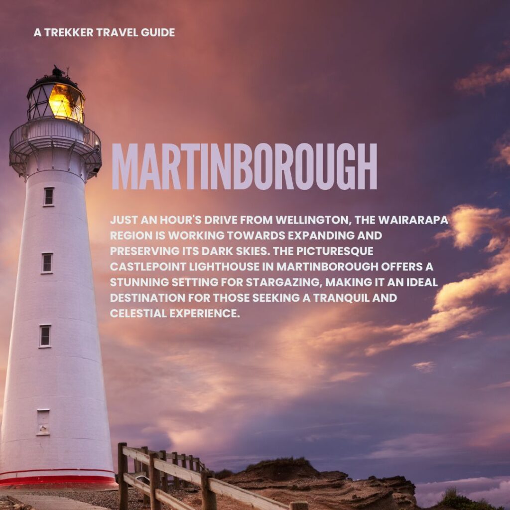 The image shows Martinborough Lighthouse at dusk. The sky is purple and pink.