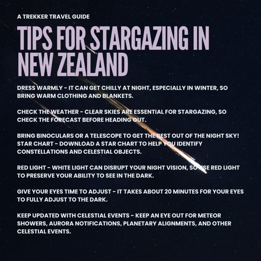The Image is a list of tips for star gazing in New Zealand as a backpacker or traveller to the country who is looking to experience New Zealands night sky.