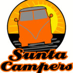 Sunta Campers Logo, a VW Van on a road with a sunset in the background