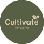 Cultivate Logo, dark green circle with beige cultivate sign in the centre