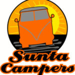 Sunta Campers Logo - VW style camper in orange surrounded by a setting sun