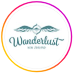 Wanderlust NZ Logo, wings over writing